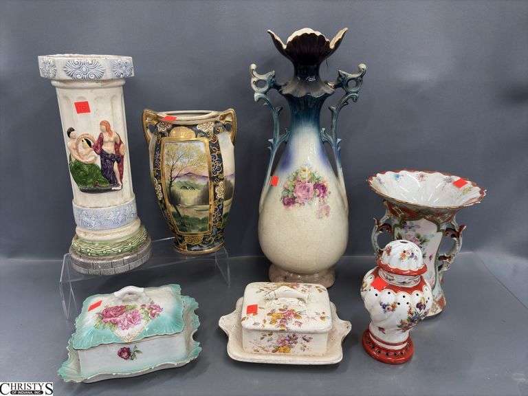 Porcelain Vases, Anchovy Dishes, Pedestal Base - damage throughout and repairs - see photos 19" of tallest image