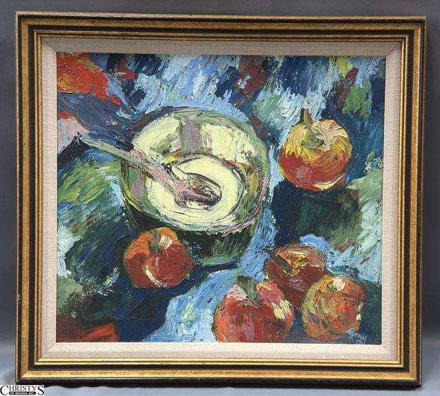 Signed Impasto Oil on Canvas Apple & Bowl Still Life Painting - 21" x 20" of frame image