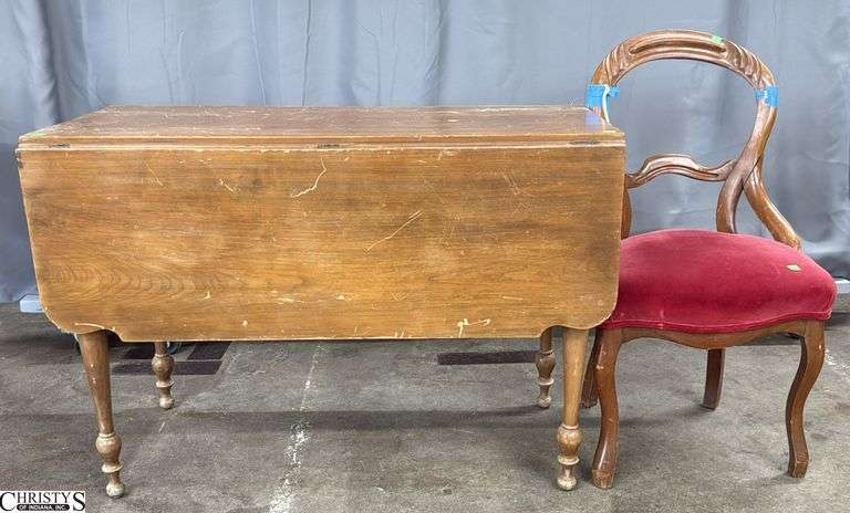 Drop Leaf Table, Balloon Back Chair - Both show wear and damage - 42" x 18" x 29" - 14" of drop image