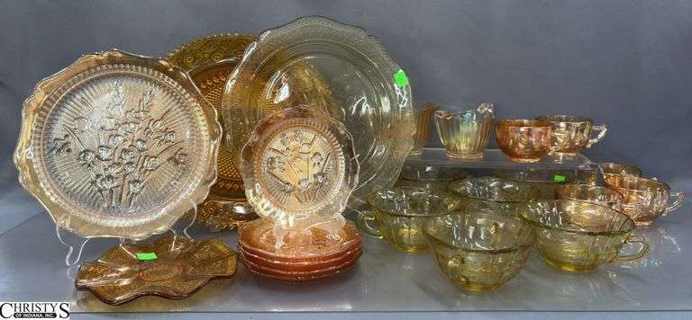 Orange Carnival Style Glassware, Yellow Tone Depression Style Dishes, 12" of largest image