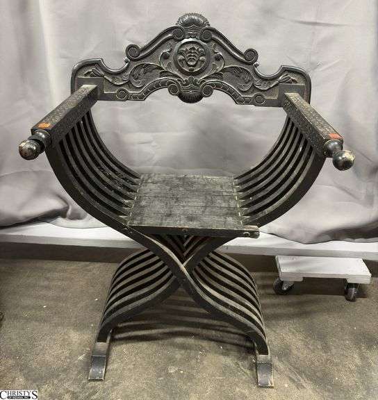 Italian Carved Ebonized Wood Savonarola Chair - some finish wear, would benefit from a cleaning - 27" x 35" - 18" seat image