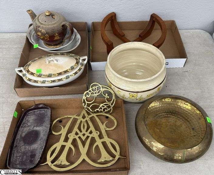 Brass Trivets & Pot, Teapot, Tureen, Pottery Planter & Base - 10" of largest image