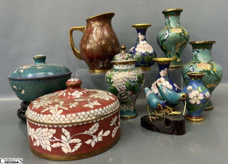 Cloisonne Vases, Lidded Dishes, Small Bird Figurine 5" of of tallest image