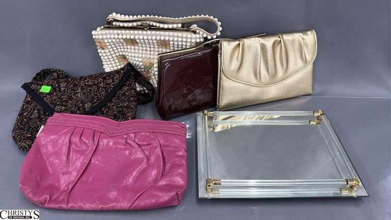 5 Vintage Ladies Handbags, Avon Mirrored Vanity Tray - 11" x 8" of tray image