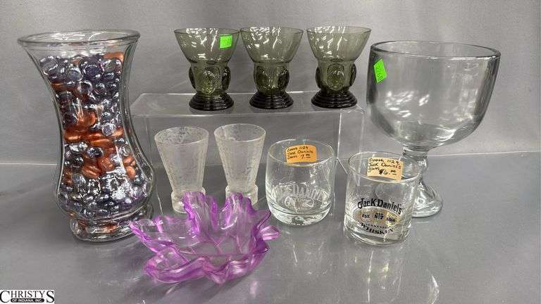 Moon Drop Cups, Anchor Hocking Bubble Bowl and Plate, Fostoria, Leaf Dish, Vase With Filler Tallest 8.5" image