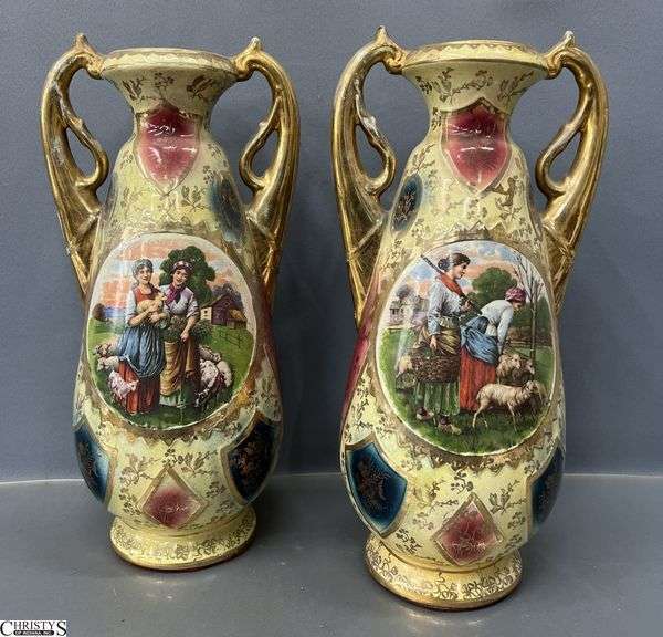 Royal Crown English Mantle Vases - missing lids, some finish loss - 13" T of each image