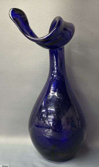 Hand Blown Cobalt Blue Swirl Art Glass Sculpture 11" - has repair to neck image