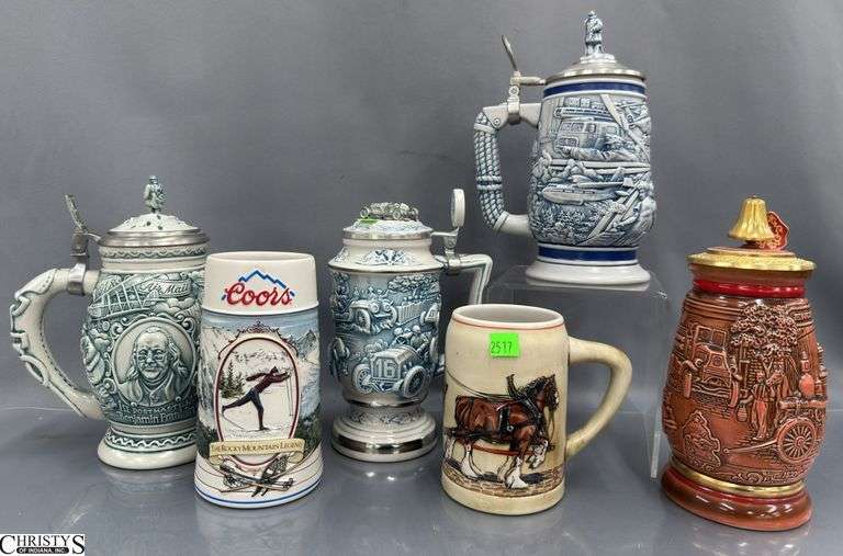 6 Steins, Avon, Coors, Anheuser Busch - 10" of tallest, Some Damage image