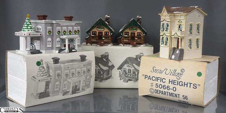 Department 56 Snow Village - Snowy Hills Hospital, Fisherman's Nook Cabins, Pacific Heights - Pacific Heights has repaired damage. image