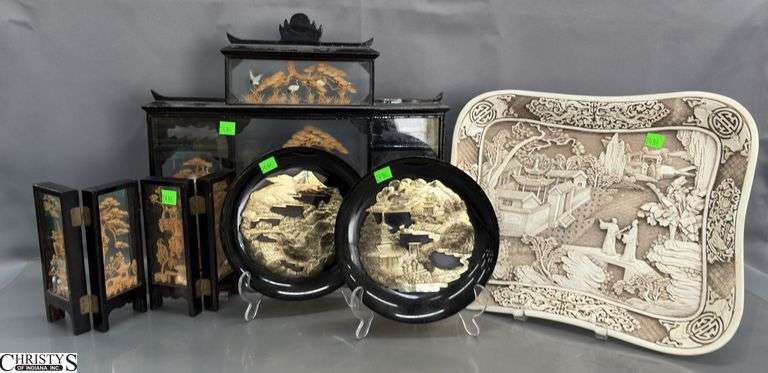 Asian Influence Decor Grouping, Cork Carvings, Decorative Tray, Plates, 17" x 15" of largest image