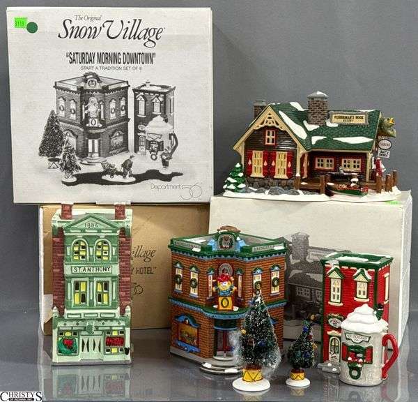3 Department 56 Snow Village Buildings - Saturday Morning Downtown, Fisherman's Nook Resort, St. Anthony Hotel, Some Damage and Missing Pieces image