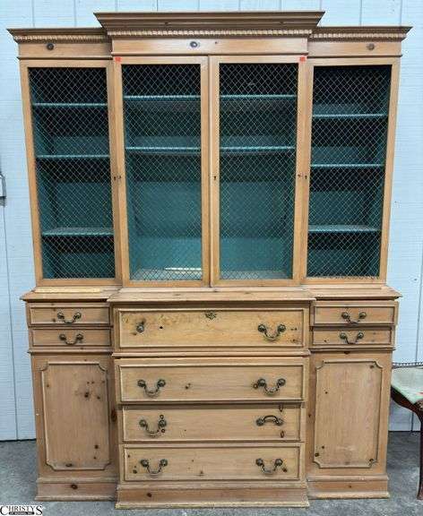 Colonial MFG Co Georgian Pine Breakfront China Cabinet - 2pcs - 64" x 16" x 81" - some trim needs repaired, right mesh door trim needs affixed, edge wear image