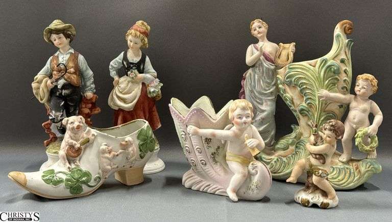 6 Bisque Porcelain Figurines, Cache Figurines - 7" x 7" of largest image