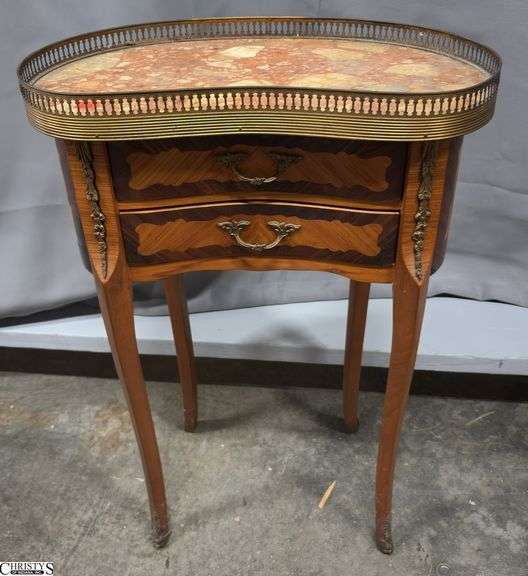 French Marquetry Marble Top Kidney Two Drawer Side Table - some toning to stone finish - 19" x 10" x 27" image