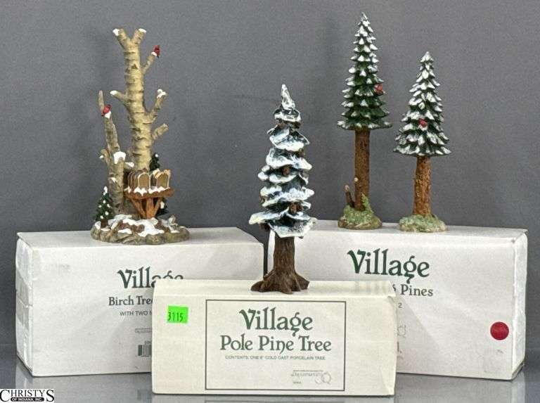 Dept 56 Christmas Village Tree Accessories, Birch Tree Cluster with Two Mailboxes, 8" Pole Pine Trees, Set of Two Towering Pines, image
