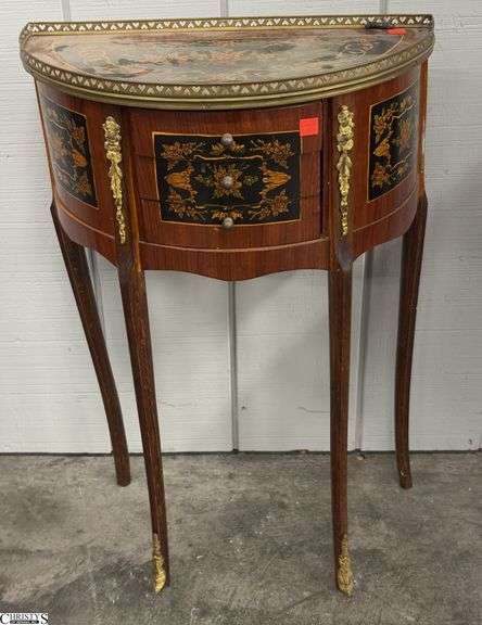 French Louis XV Style Ebonized Marquetry Paneled Demilune Table - 20" x 10" x 28" - frame appears slightly warped image