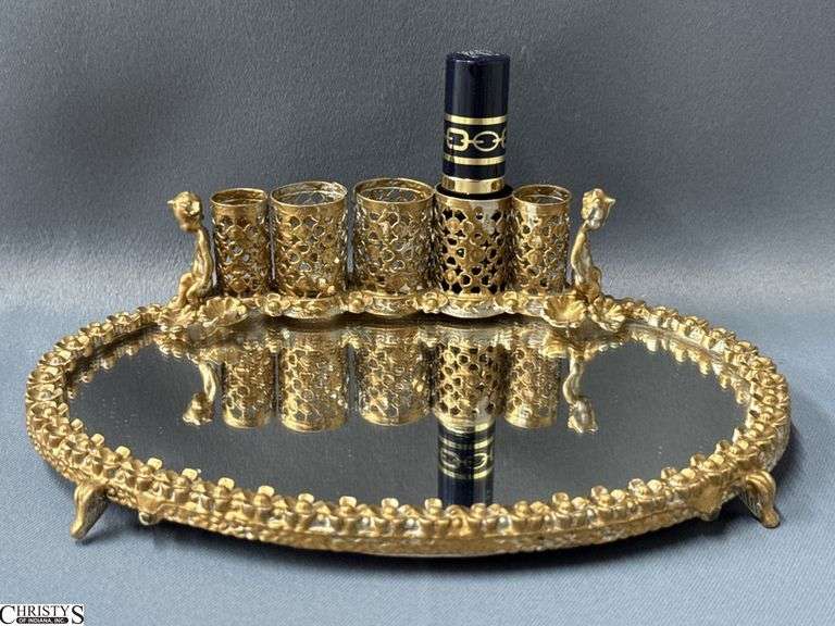 Ormolu Cherub Ornate Metal Mirrored Lipstick Vanity Tray 8" W image