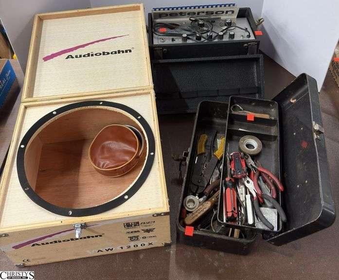 Audioban Speaker Box (empty), Toolbox and Contents, Peterson Audio Visual Tuner - 14" x 14" x 8" of speaker box image