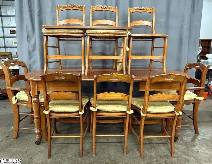 Maple Table and 8 Cane Seat Chairs, 3 leaves - 74" x 36" x 30" - 11.5" of each leaf - one leaf has crack to one end image