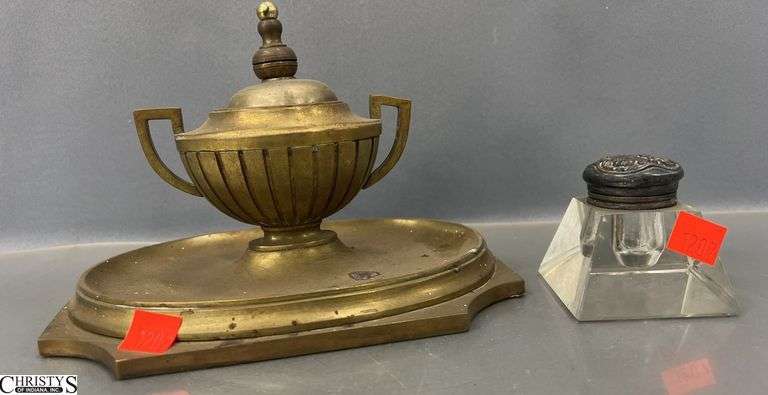 2 Ink Wells Brass Measures 8x6x5. Damaged Top On Glass One image