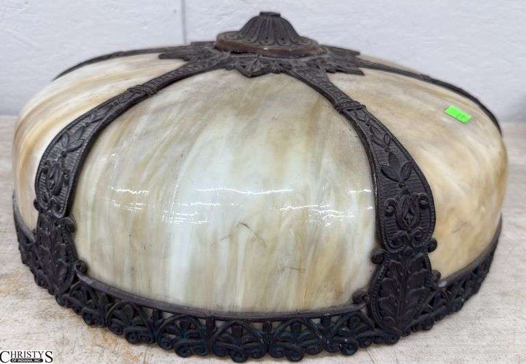Slag Stained Glass Lamp Shade 18" x 7" - metal shade frame appears repaired at the top image