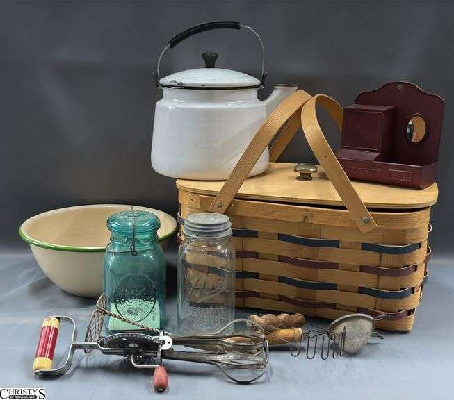 Country Primitive Decor Grouping, Petersboro Basket, Enamelware, Canning Jars, Kitchen Utensils - 16" x 8" of basket image