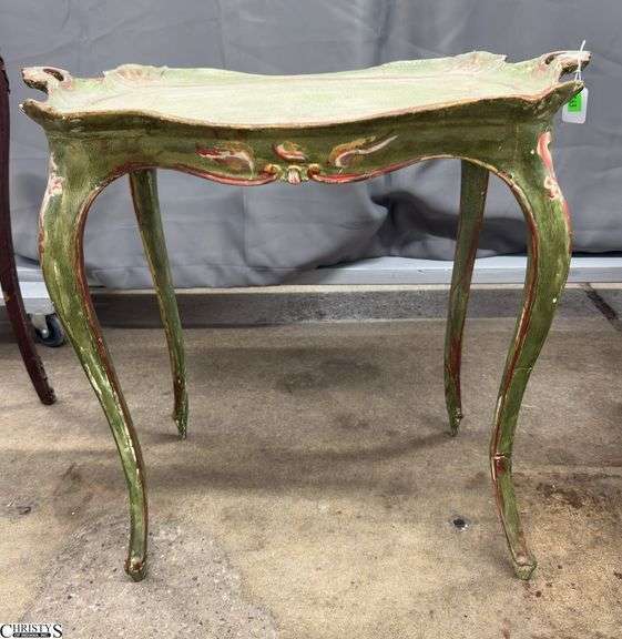 Early French Painted Tray Motif Side Table - has crack in top, finish loss, repair to one leg - 25" x 16" x 23" image