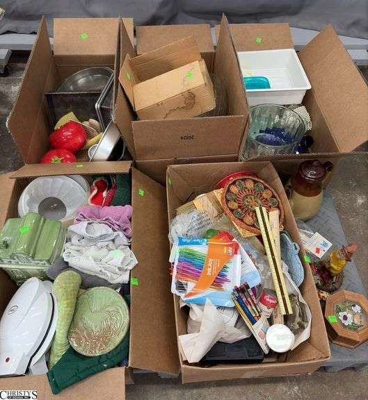 Boxed Lots, Trifle Bowl, Cookie Jar, Waffle Maker, Stems, Juicers, Kitchen Rags, Costume Jewelry image
