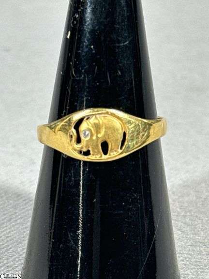 18K Yellow Gold Elephant Design Ring with a Tiny Diamond for the Elephant's Eye image