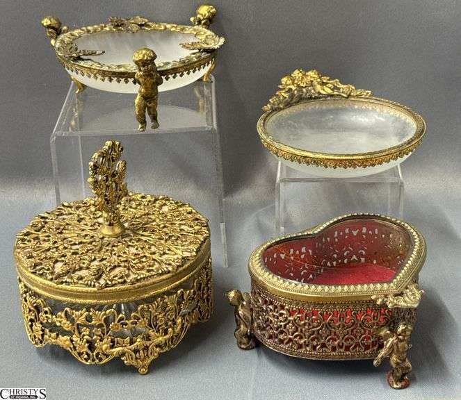 4 Ormolu Ornate Vanity Pieces, Jewelry Casket, Powder Box, 2 Brass Accent Glass Trinket Trays - 4.5" x 4" of largest image