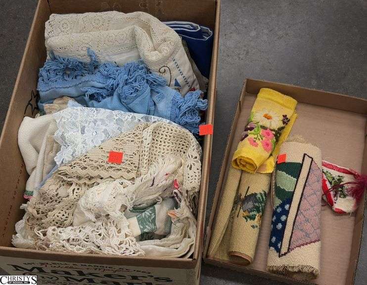 Needlepoint pieces, Vintage linens, tablecloth, napkins, misc image