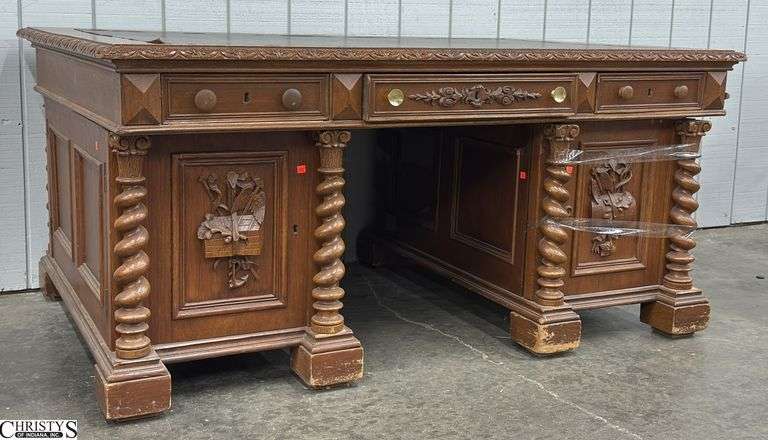 Large Carved Partners Desk - 67" x 42" x 31" - 3pcs - edge wear and finish loss, damage to trim image