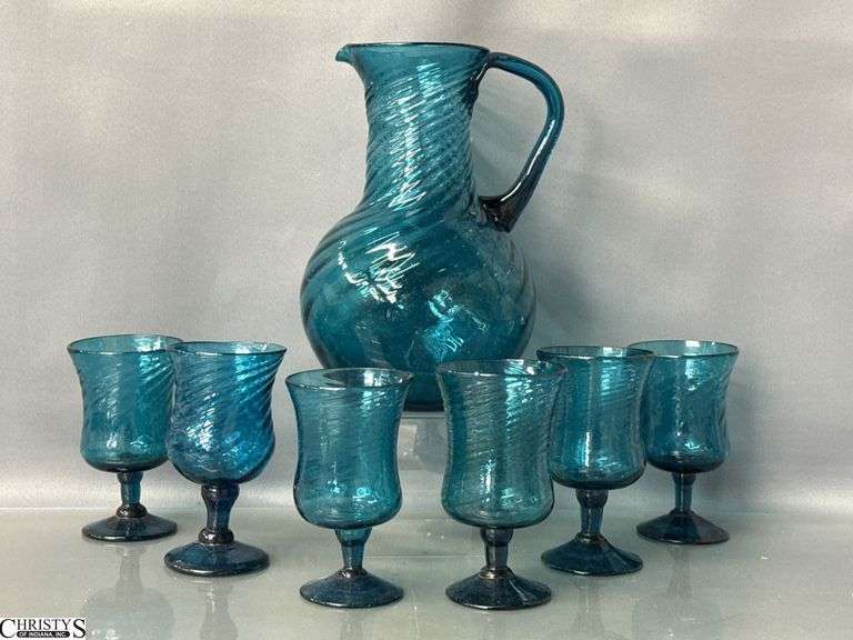 Hand Blown Teal Blue Swirled Art Glass Pitcher & 6 Stemmed Glasses - 10" of pitcher image