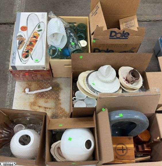 Boxed Lots, Religious Items, Mason Jars, Serving Trays, Milk Glass, Bowls, Cups Saucers image