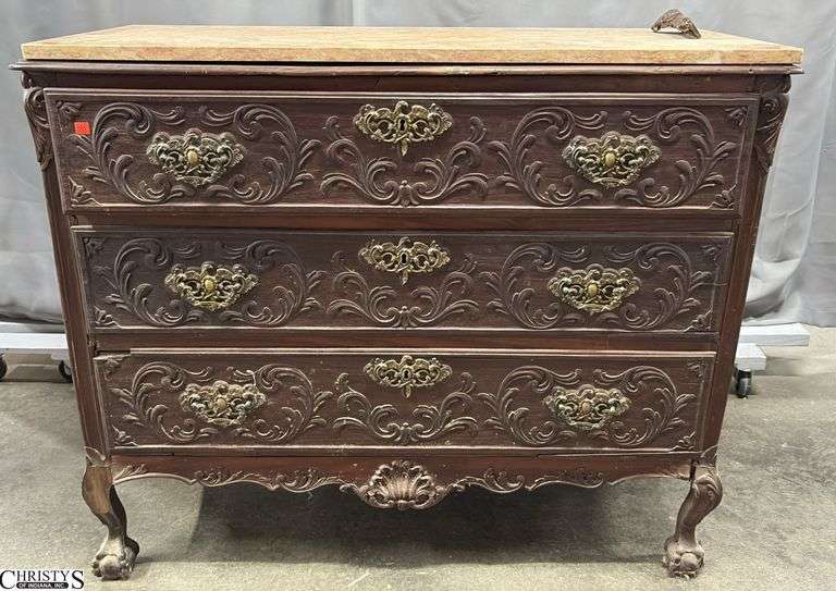 Ornate Carved Claw & Ball Foot Marble Top Three Drawer Chest - 49" x 24" x 38" - wear is consistent with age - back trim piece needs repaired, loose joints, trim piece missing to front foot image