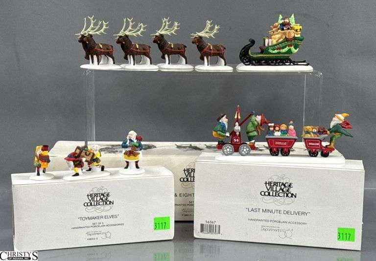 Dept 56, Snow Village, Heritage Village Accessories, "Last Minute Delivery", Toymaker Elves", "Sleigh & Eight Tiny Reindeer" image