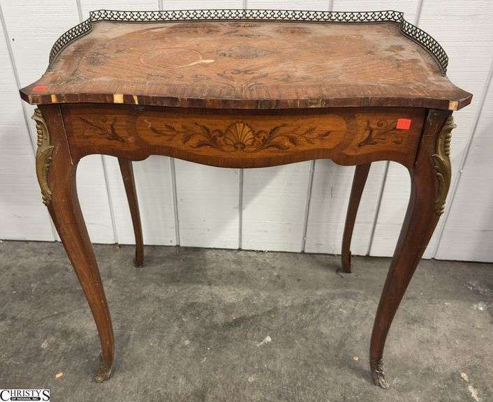 French Marquetry Single Drawer Writing Table 28" x 18" x 30" - chipping to veneer, finish wear to top image