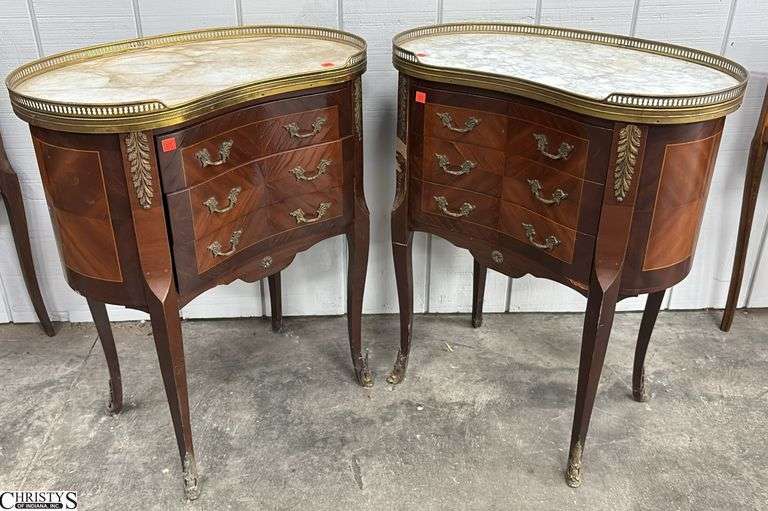 Pair French Marble Top Kidney Three Drawer Side Tables - chipping to veneer, toning to stone - 24" x 14" x 29" of each image