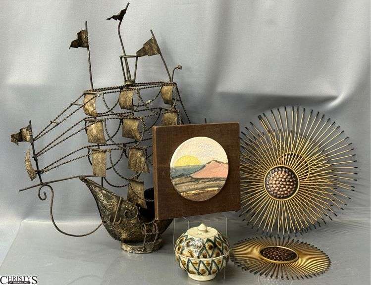MCM Metal Ship, Mountain Scene Plaque, Pottery Lidded Dish, 3 Starburst Wall Hangings - 20" x 24" of ship - Starbursts are reproduction image
