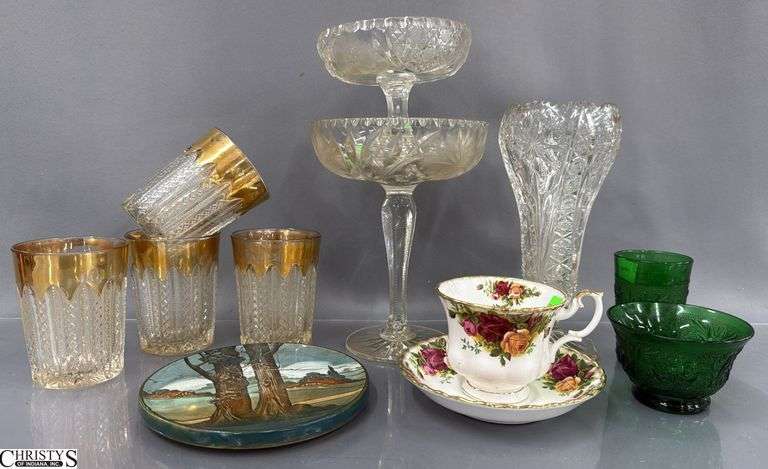 Cut Glass Compote, Royal Doulton Tea Trivet, Royal Albert Teacup and Saucer, Glasses & Vases, 7.5" of compote image
