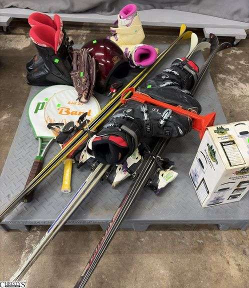 Boxed Lots, Skis, Ski Boots, Tennis Racquets, Mitt, Helmet, Lantern image