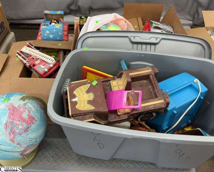Boxed Lots, Toys, Globe, Poker Chips, Plush Animals, Totes image