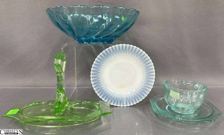 UV Reactive Glass Shaker Holder, Aqua Depression Cup and Saucer, Blue Swirl Bowl, White Translucent Saucer, 9" of bowl image