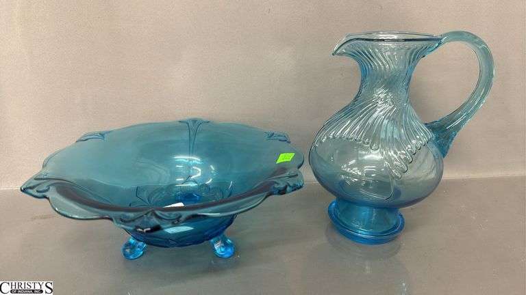 Aqua Marine Glass, Tiara Hurricane Pitcher, Large Footed Bowl, image