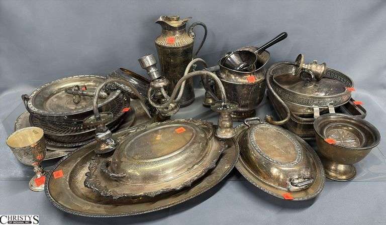 Assorted Silverplate Serving Pieces - Trays, Servers, Candelabra Parts, Misc - 15" of largest image