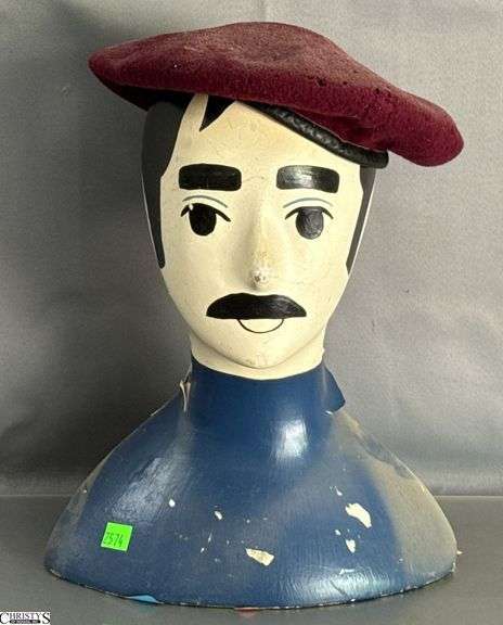 Painted Wooden Male Bust Display - chipped paint, wear - 12" x 14" image