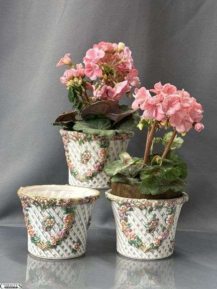 3 Floral Motif Decorated Flower Pots w/ 2 Artificial Geraniums - 11" of tallest image
