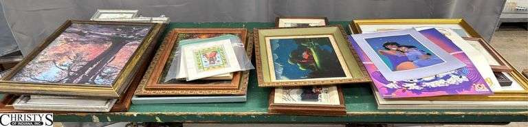 Large Grouping Framed Prints, Prints on Board, Wall Photo Frames, 22" x 26" of largest piece - wear and damage throughout image