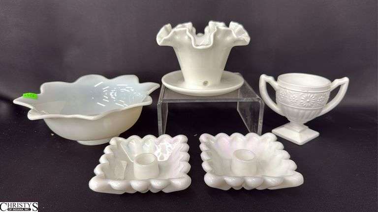 Fenton Milk Glass Flared Bowl, Basket, Candle Holders image