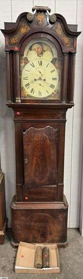 Early Mahogany Longcase Clock 24" x 11" x 88" - wear is consistent with age, missing some trim pieces, small crack to glass, may not include all functioning clock parts image